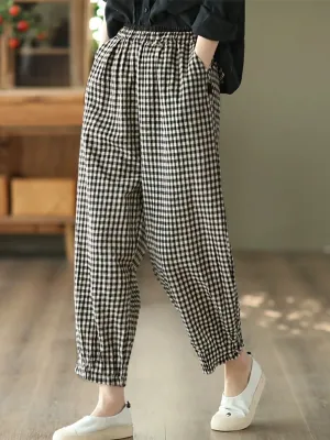 Women Summer Retro Plaid 100%Linen Harem Pants