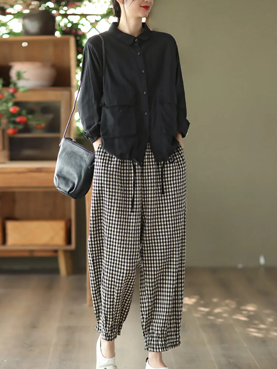 Women Summer Retro Plaid 100%Linen Harem Pants