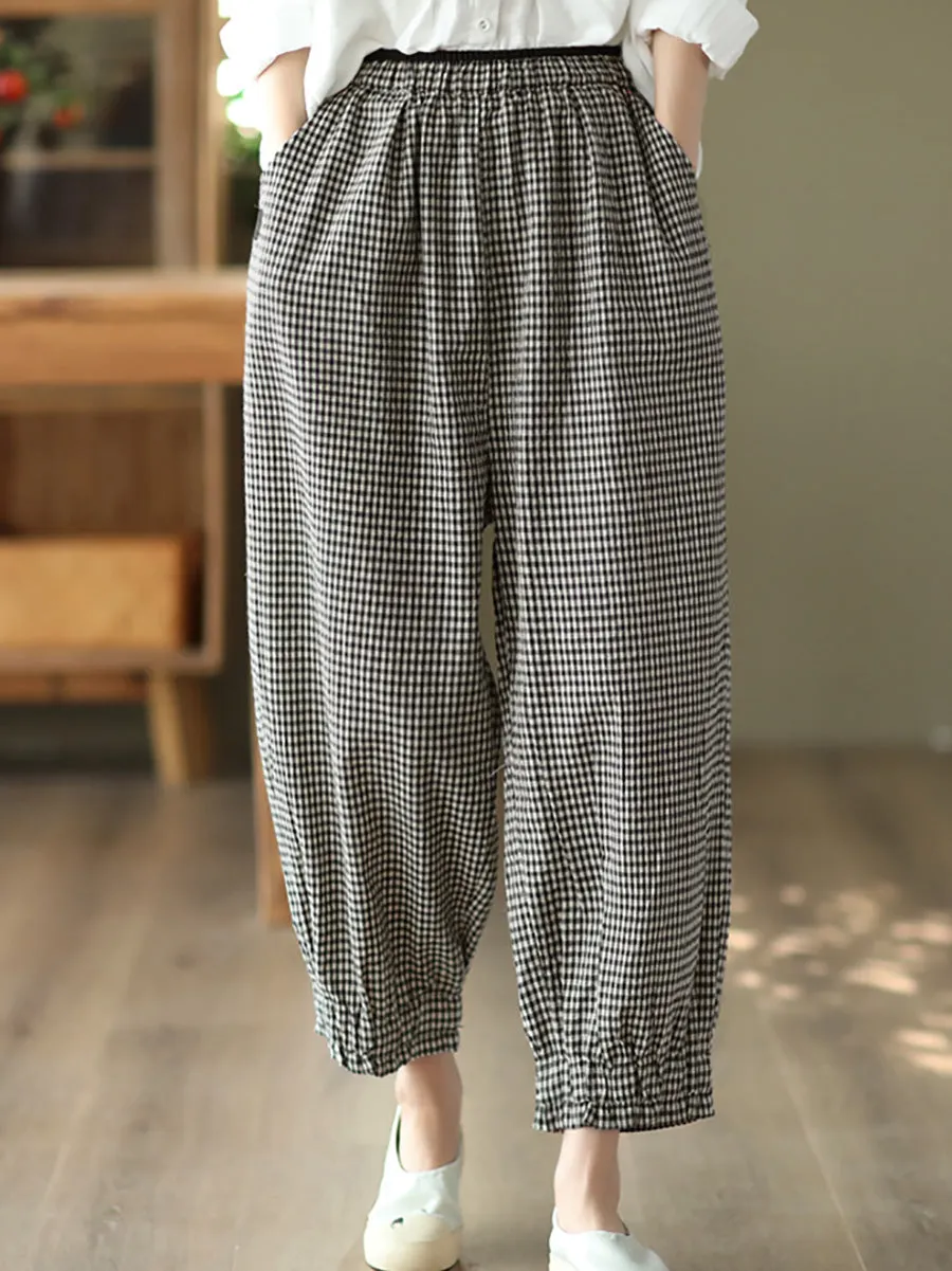 Women Summer Retro Plaid 100%Linen Harem Pants