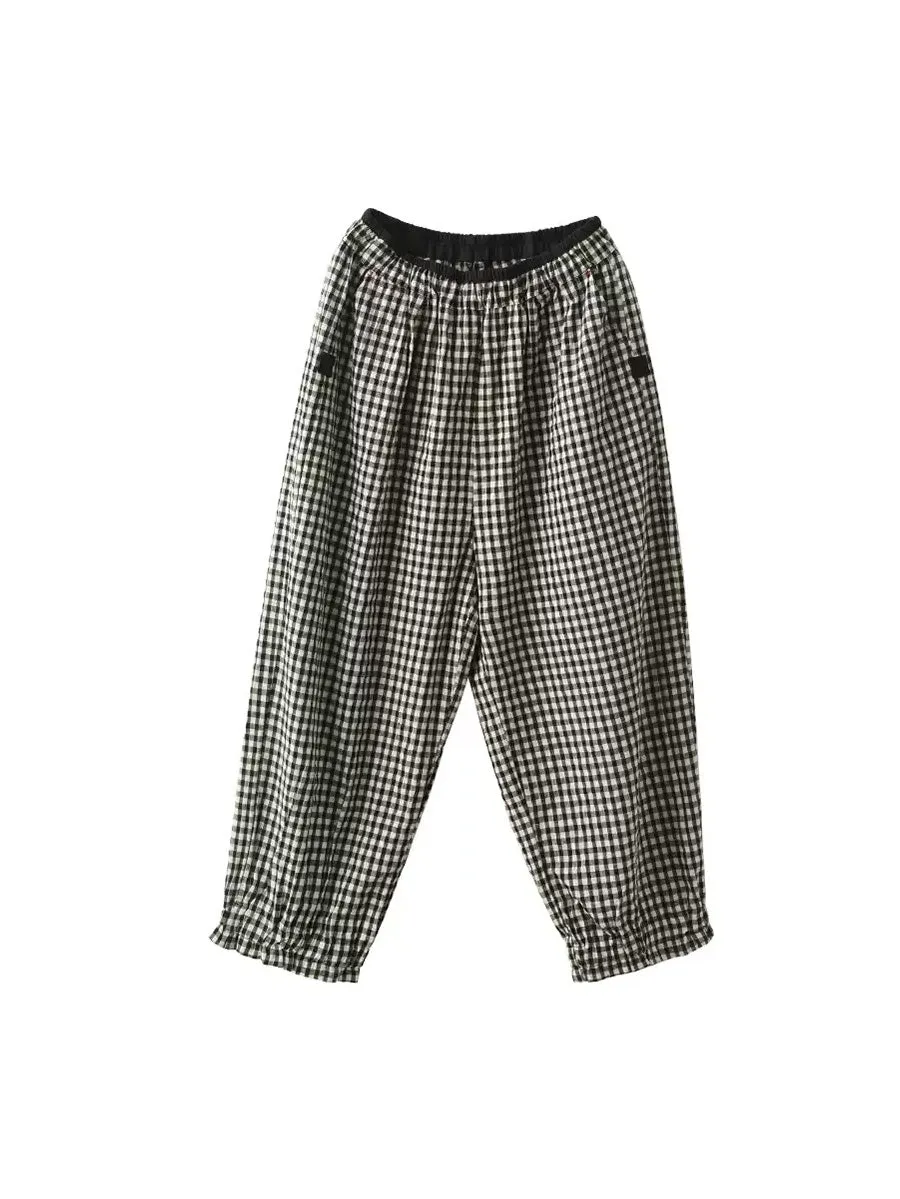 Women Summer Retro Plaid 100%Linen Harem Pants