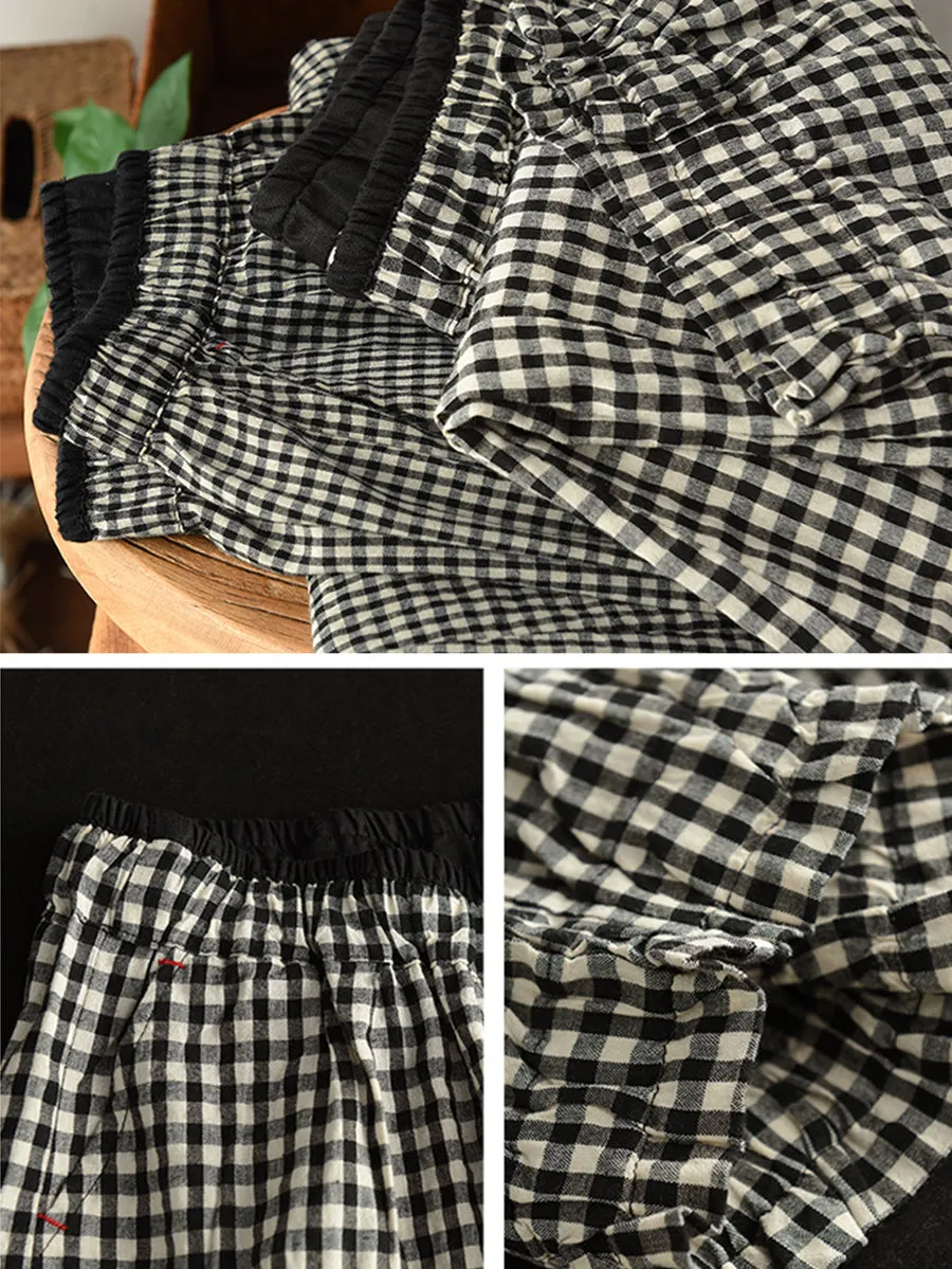 Women Summer Retro Plaid 100%Linen Harem Pants