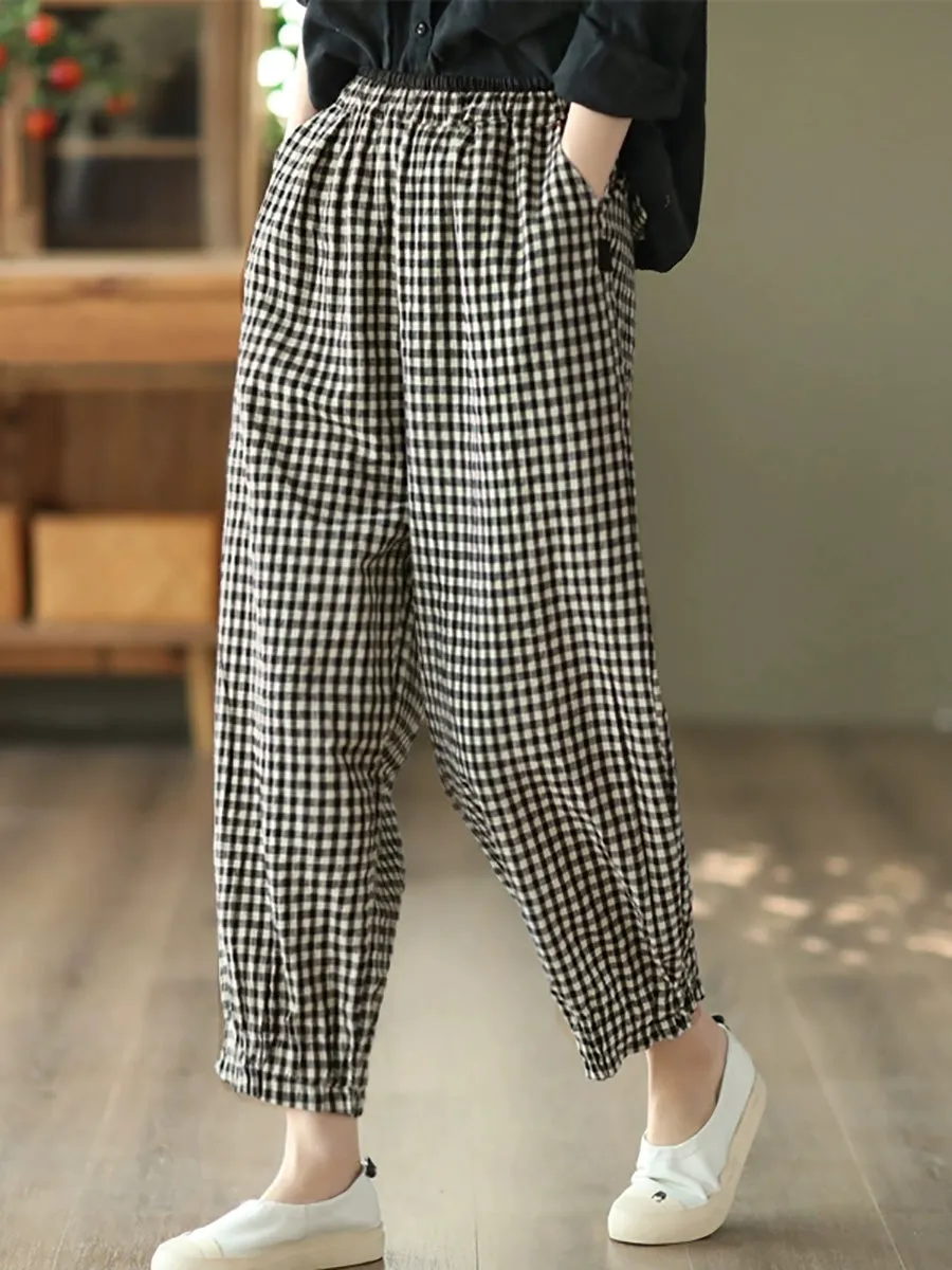 Women Summer Retro Plaid 100%Linen Harem Pants