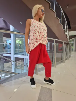 Women two parts Set, Linen Women Set, Baggy Pants with Loose Top , Asimetric Sleevless Top, Harem Pants, Extravagant Women Set, Summer Set