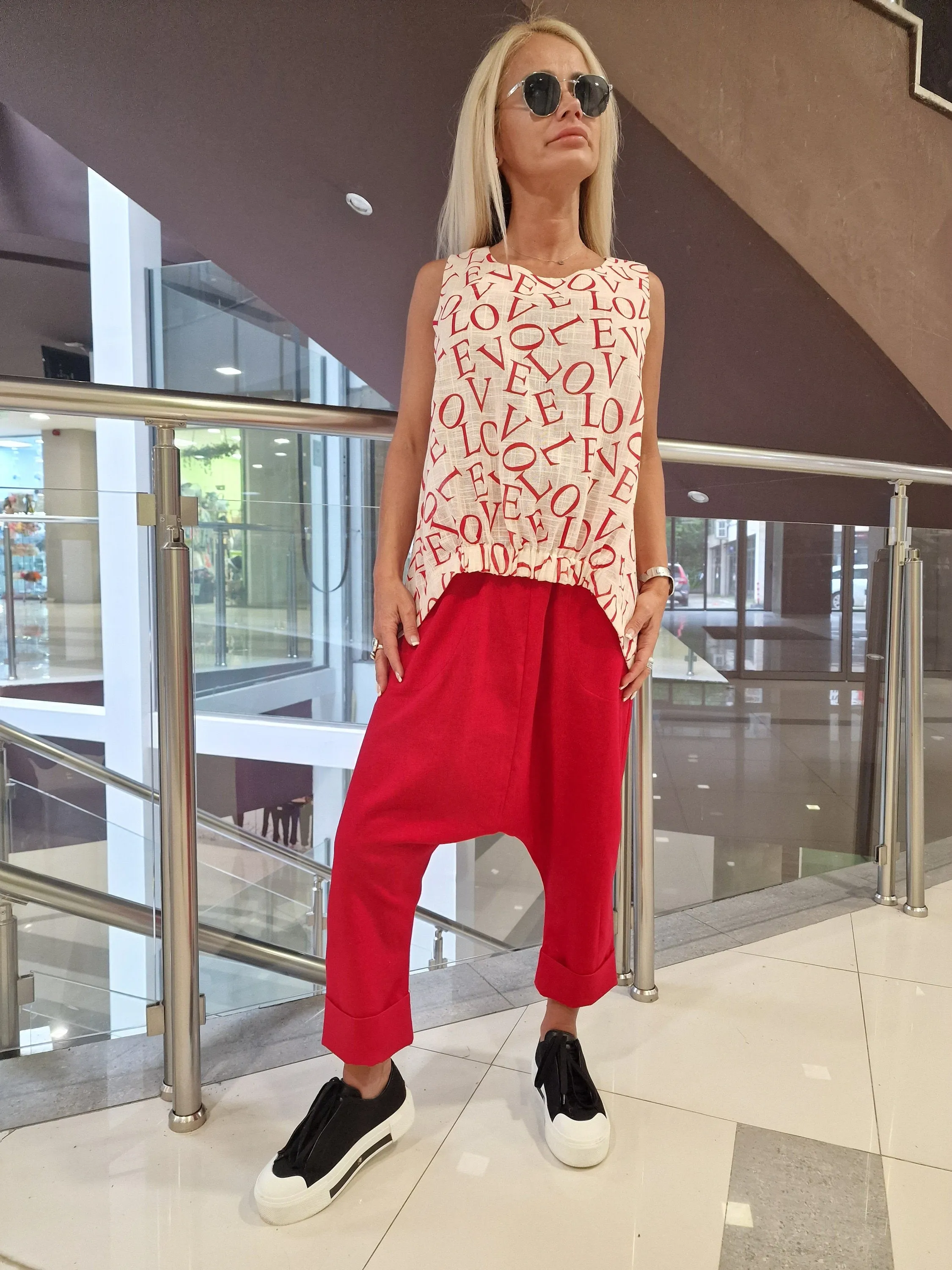 Women two parts Set, Linen Women Set, Baggy Pants with Loose Top , Asimetric Sleevless Top, Harem Pants, Extravagant Women Set, Summer Set