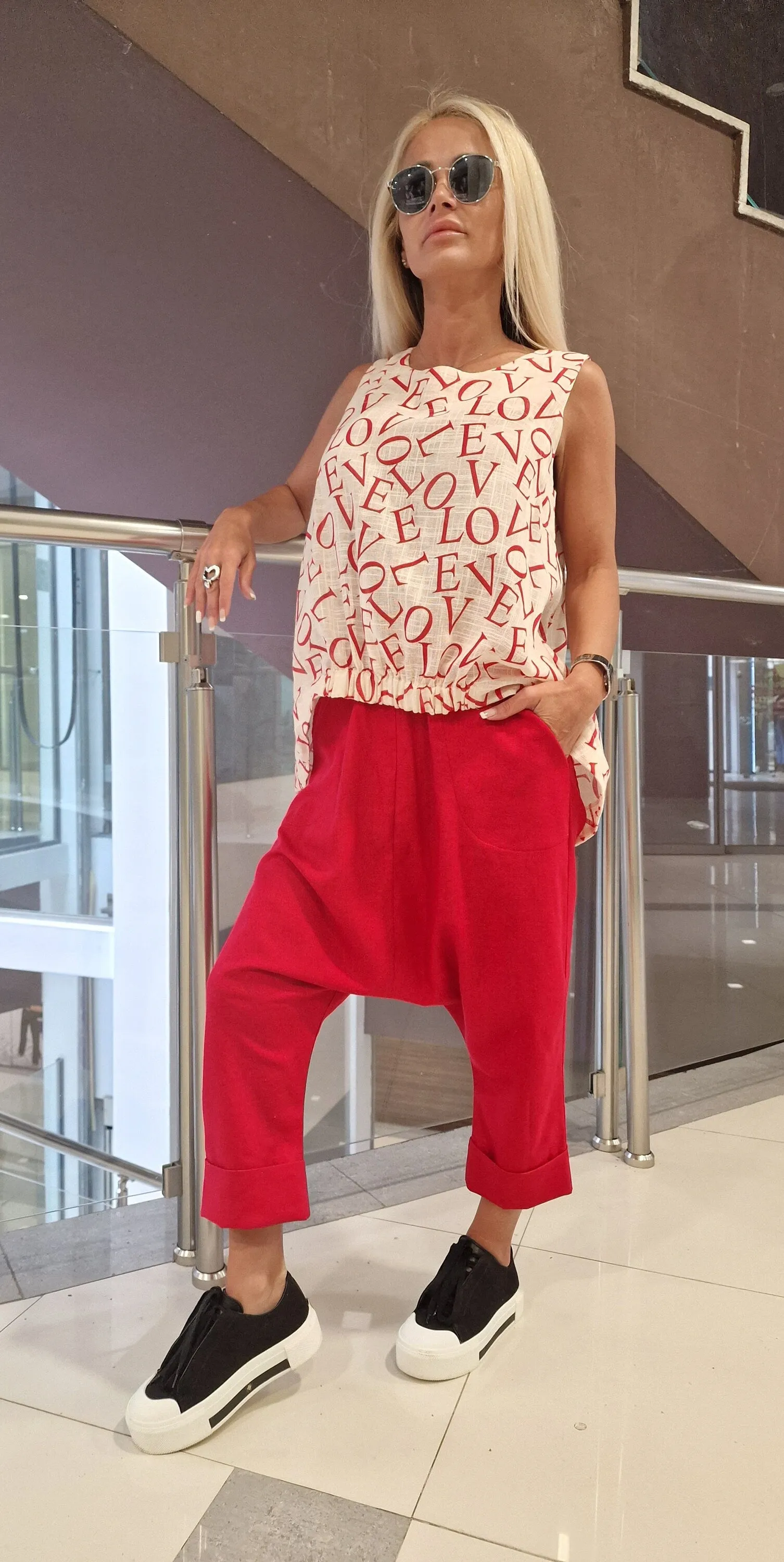 Women two parts Set, Linen Women Set, Baggy Pants with Loose Top , Asimetric Sleevless Top, Harem Pants, Extravagant Women Set, Summer Set