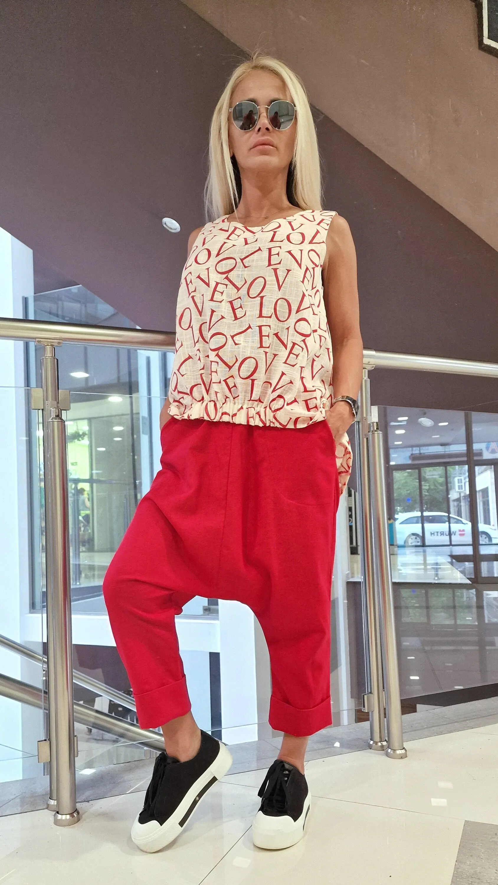 Women two parts Set, Linen Women Set, Baggy Pants with Loose Top , Asimetric Sleevless Top, Harem Pants, Extravagant Women Set, Summer Set