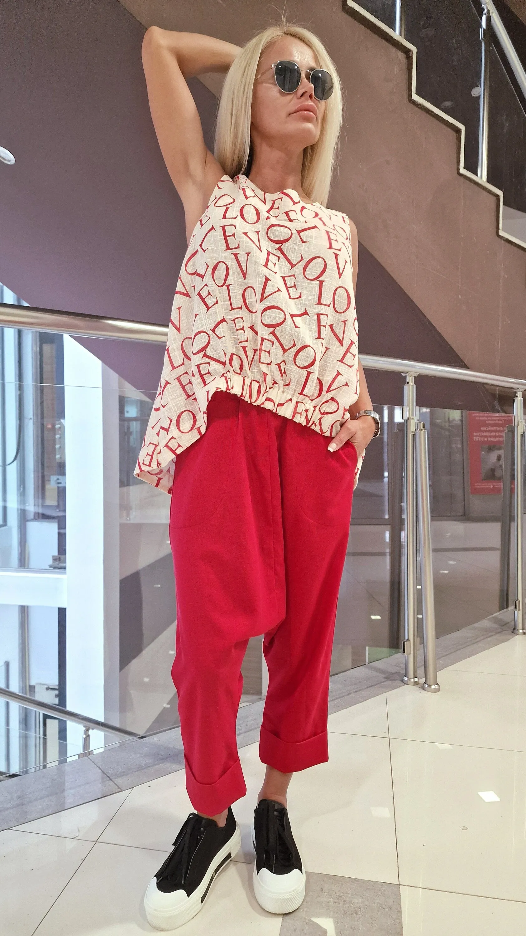 Women two parts Set, Linen Women Set, Baggy Pants with Loose Top , Asimetric Sleevless Top, Harem Pants, Extravagant Women Set, Summer Set