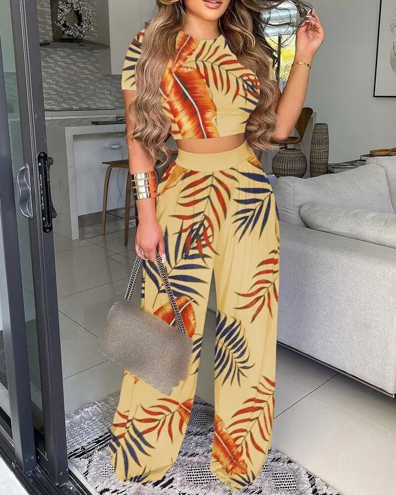 Women's T-shirt  Pants 2-piece Sets 2023 Summer Solid Color Fashion Casual Sexy Cut-out Wide Leg Pants Print  Two Set S-XXXXL