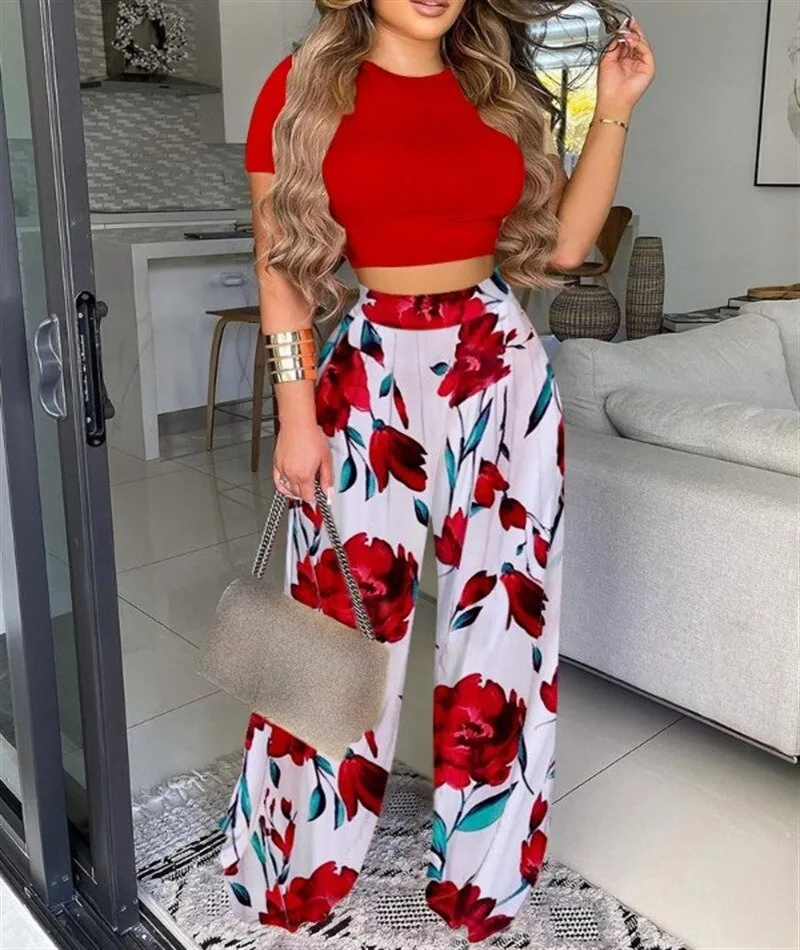 Women's T-shirt  Pants 2-piece Sets 2023 Summer Solid Color Fashion Casual Sexy Cut-out Wide Leg Pants Print  Two Set S-XXXXL