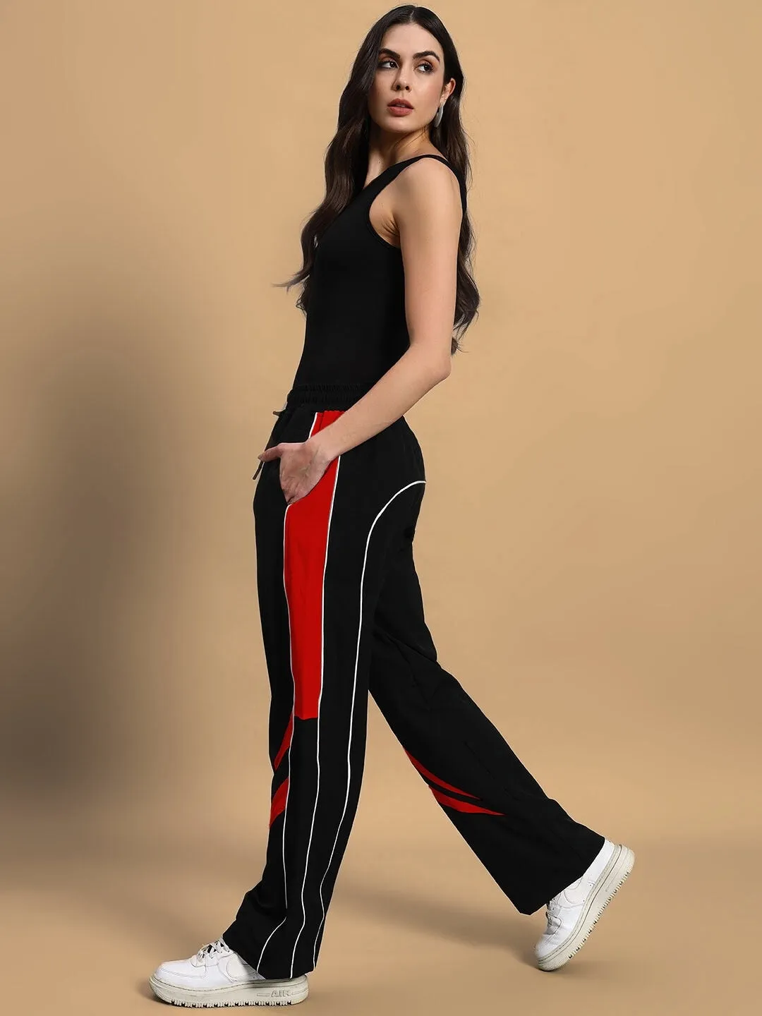 Women's Versatile Parachute Cargo Pants (Black-Red)