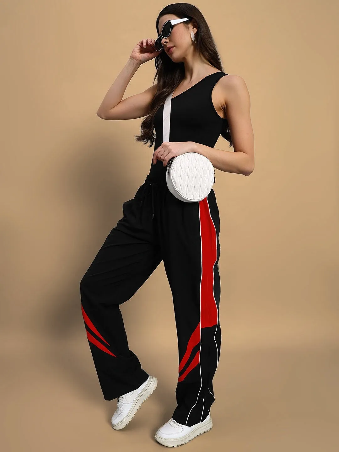 Women's Versatile Parachute Cargo Pants (Black-Red)