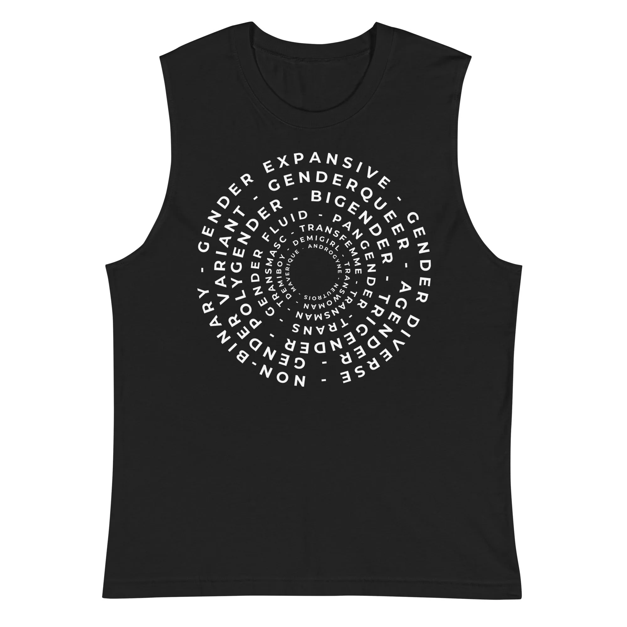 Word Art in Circles with all different Gender Identities on front of a Relaxed Fit Sleeveless Tank Top