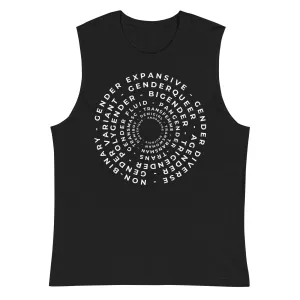 Word Art in Circles with all different Gender Identities on front of a Relaxed Fit Sleeveless Tank Top