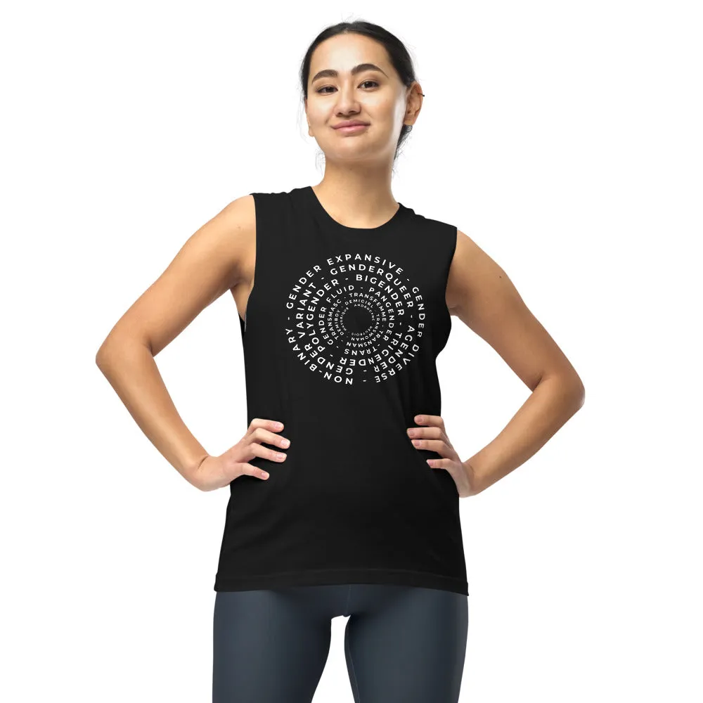 Word Art in Circles with all different Gender Identities on front of a Relaxed Fit Sleeveless Tank Top