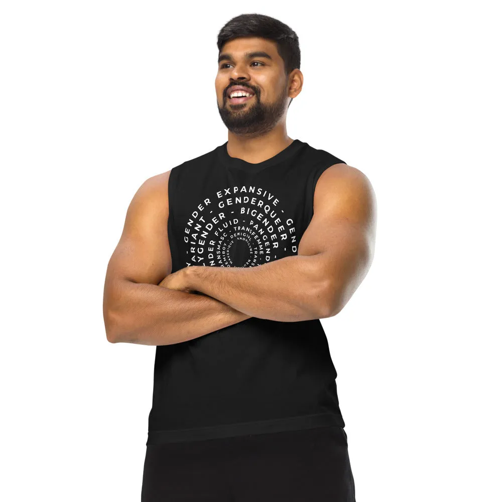 Word Art in Circles with all different Gender Identities on front of a Relaxed Fit Sleeveless Tank Top